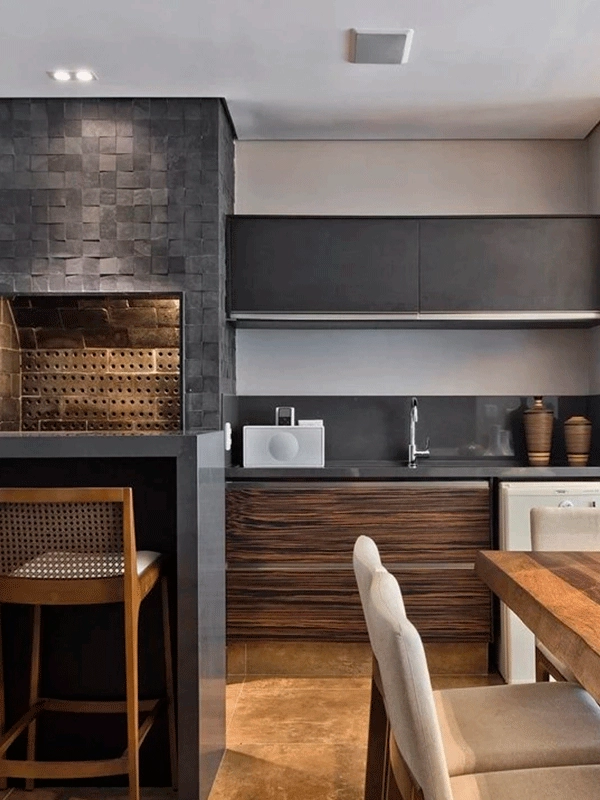 churrasqueira preta com pedra ardosia