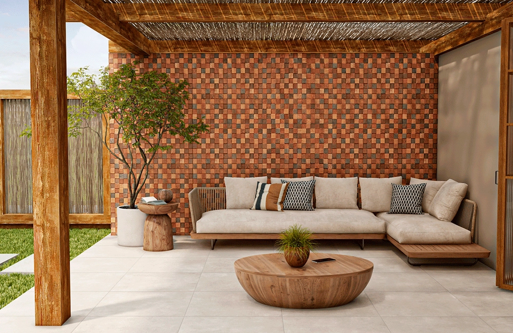 sofisticação no ambiente com pedra ferro de tonalidade mais claro, area de laer completa com sofa