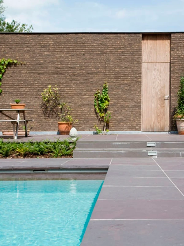piscina com pedra ardósia de cor wales e uma parede de revestimentos natuais