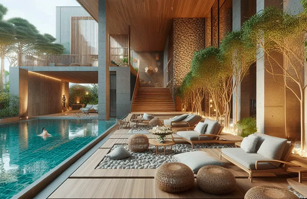 área de lazer com piscina e pedra madeira na parede da casa moderna 