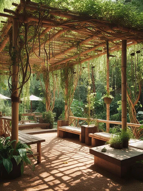 pergolado de bambu com plantas trepadeiras