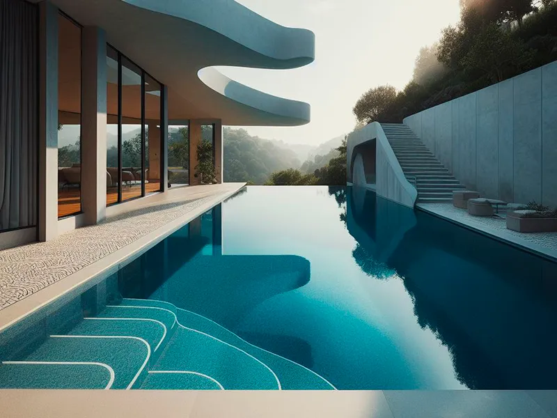 Piscina com borda infinita e pedra portuguesa em volta