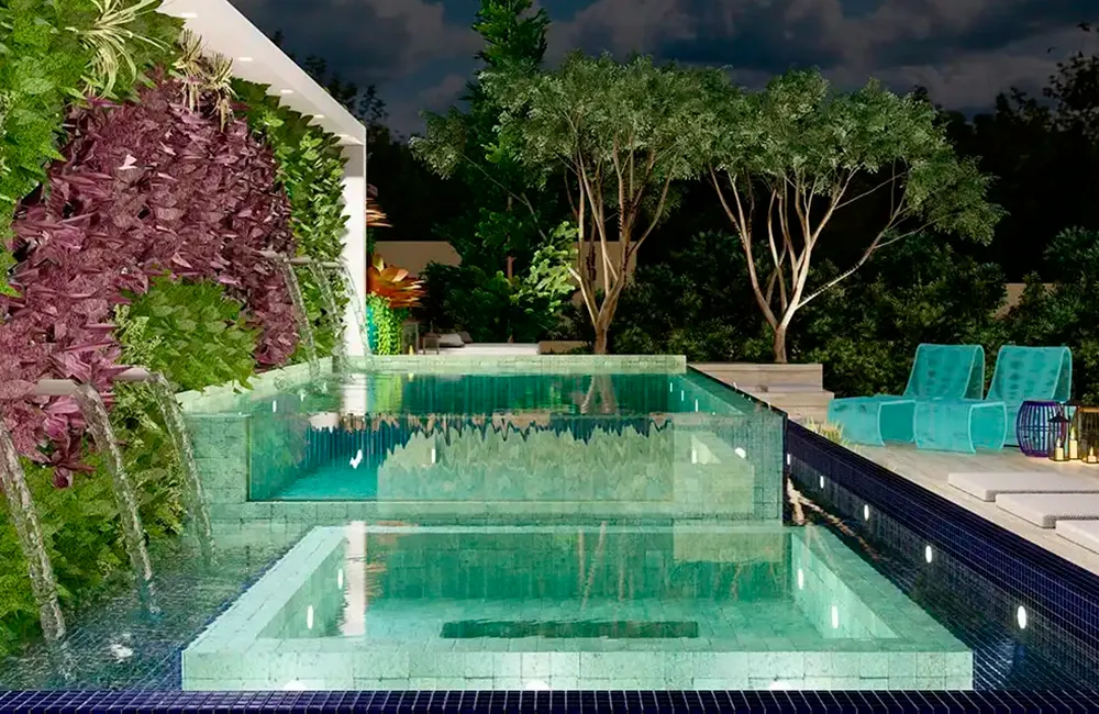 Piscinas pequenas com jardim vertical em um projeto luxuoso feito pelo paisagista Andre Derkcz