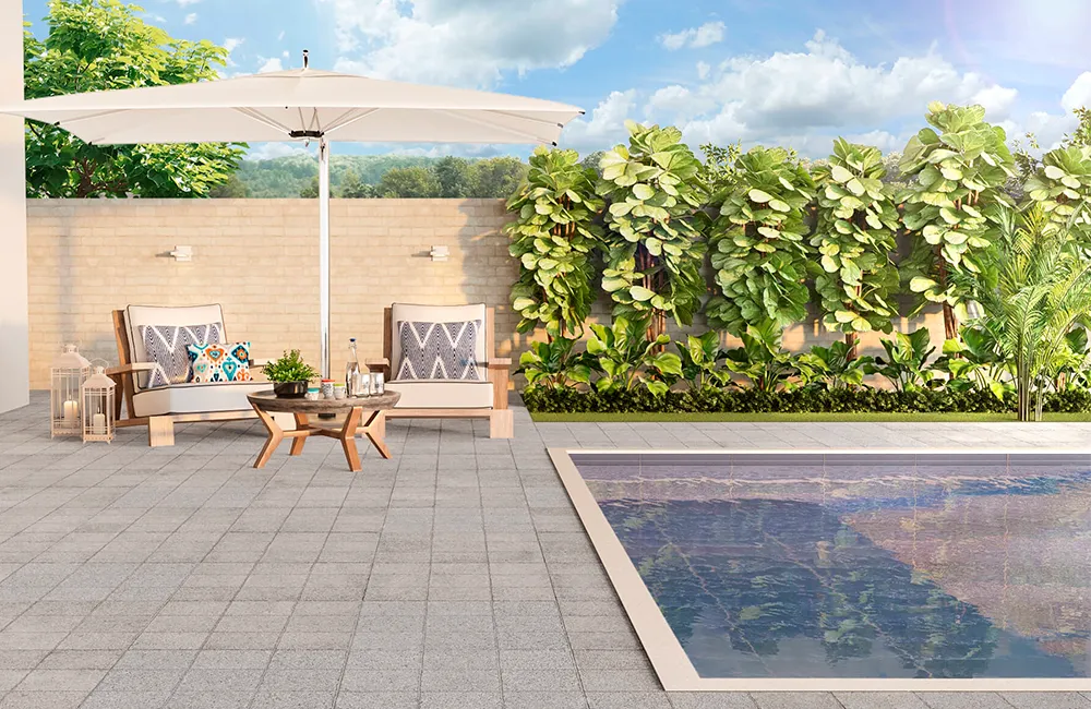 Revesstimento Ceramico para áreas externa, com uma piscina com parede de jardim vertical na decoração do paisagismo