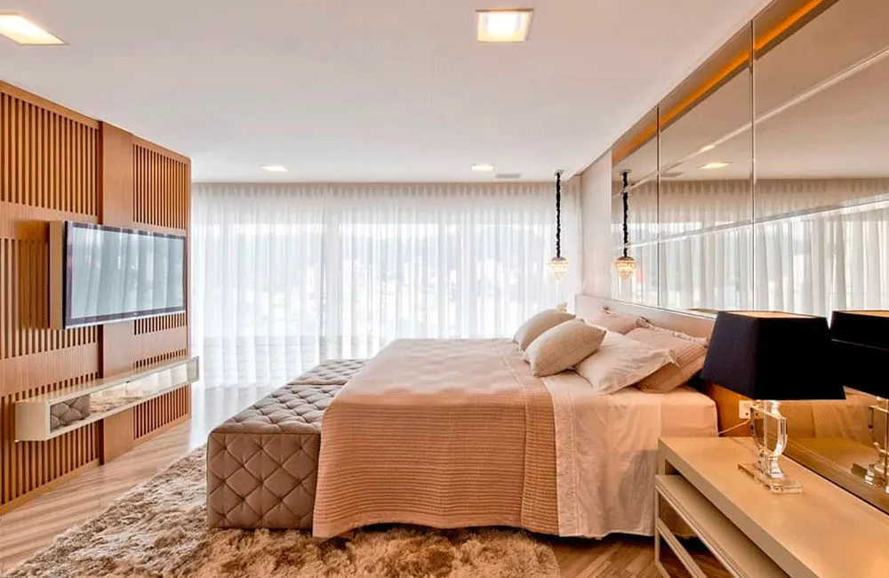 Piso de Madeira: Modelos, Cuidados e Vantagens +67 Fotos Incríveis 198 quarto de casal bem decorado com piso laminado