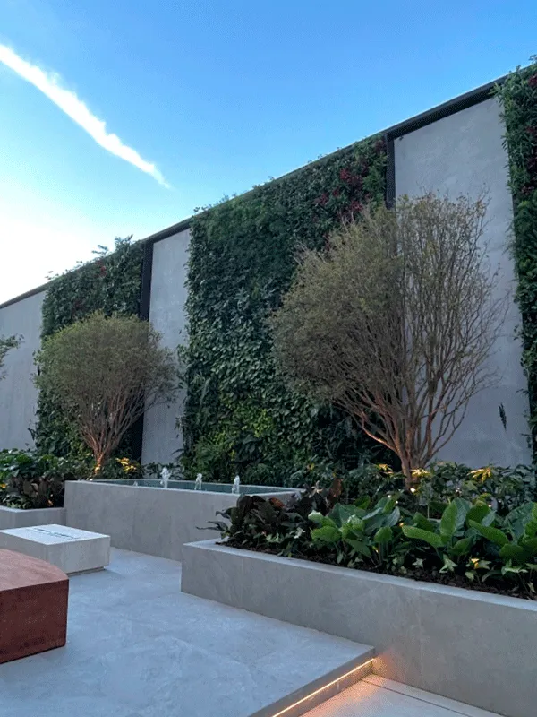 pisos com durabilidade para alto trafego de pessoas com parede de jardim vertical na decoração 