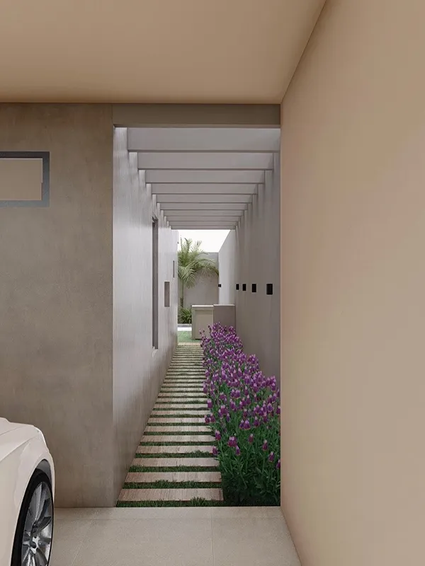 caminho de pedra no jardim com pergolado