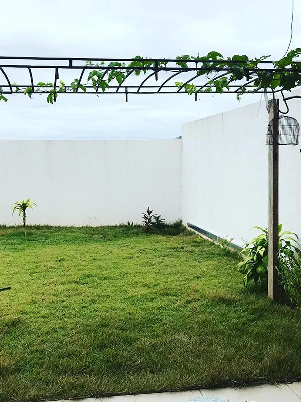 piso de grama natural com pergolado simples no jardim