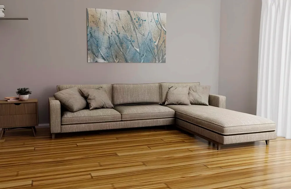 Piso de Madeira: Modelos, Cuidados e Vantagens +67 Fotos Incríveis 140 Piso vinilico imitando madeira na sala de estar com sofa e um quadro na parede