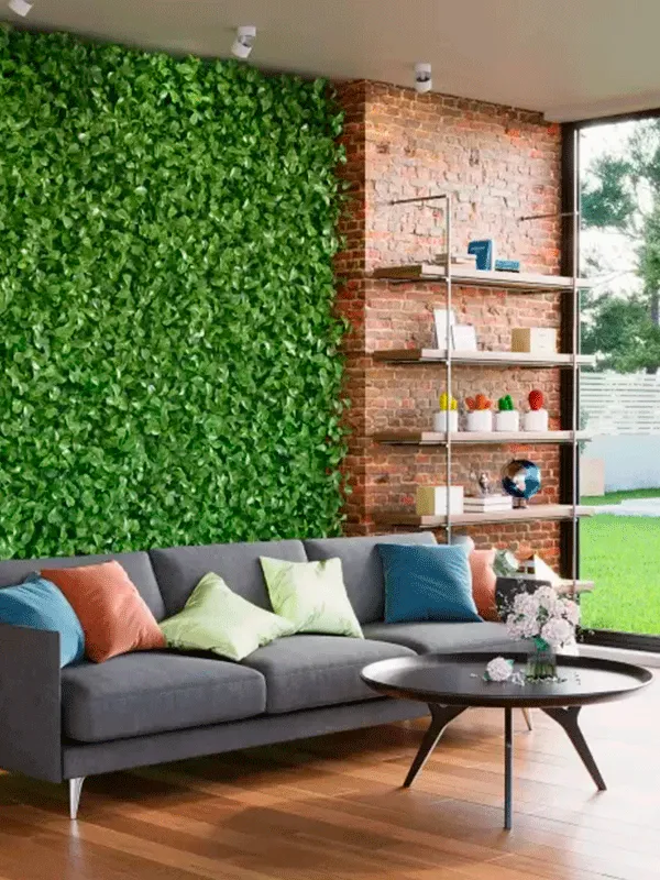 piso vinilico na sala com jardim de inverno, com um jardim vertical na parede 