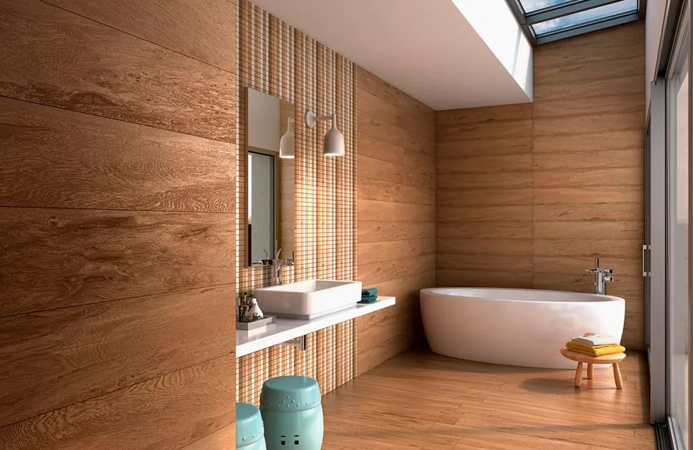 Piso de Madeira: Modelos, Cuidados e Vantagens +67 Fotos Incríveis 139 Porcelanato amadeirado no banheiro com banheira