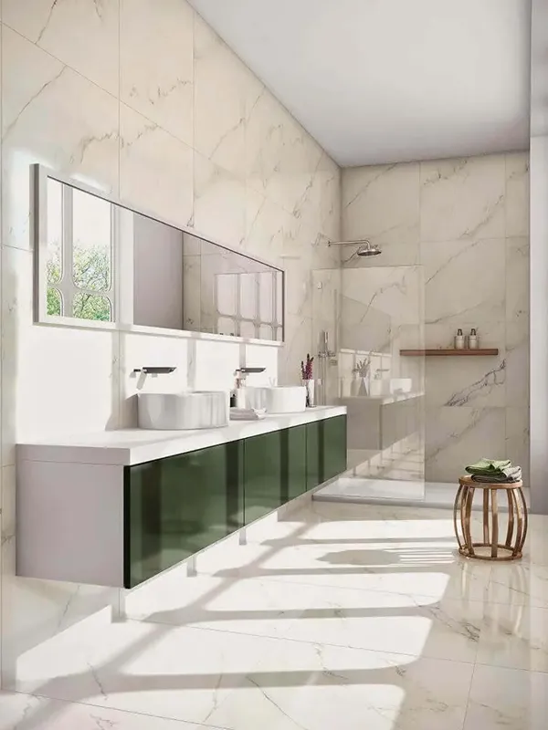 Porcelanato Bege: Aconchego e Sofisticação com esse Revestimento +54 Fotos Inspiradoras 151 piso fosco para banheiro moderno com luminarias no chão