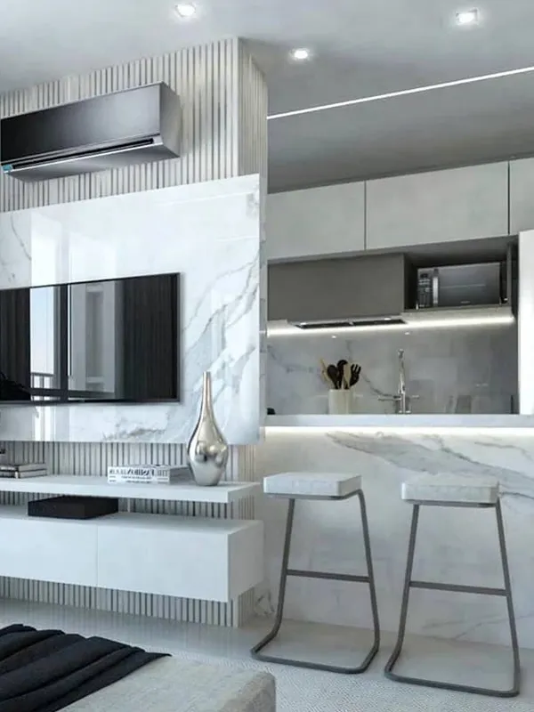 Porcelanato Branco: Projetos Clean e Luxuoso +43 Fotos Incríveis para Inspirar 95 O toque do porcelanato branco aplicado no painel da TV