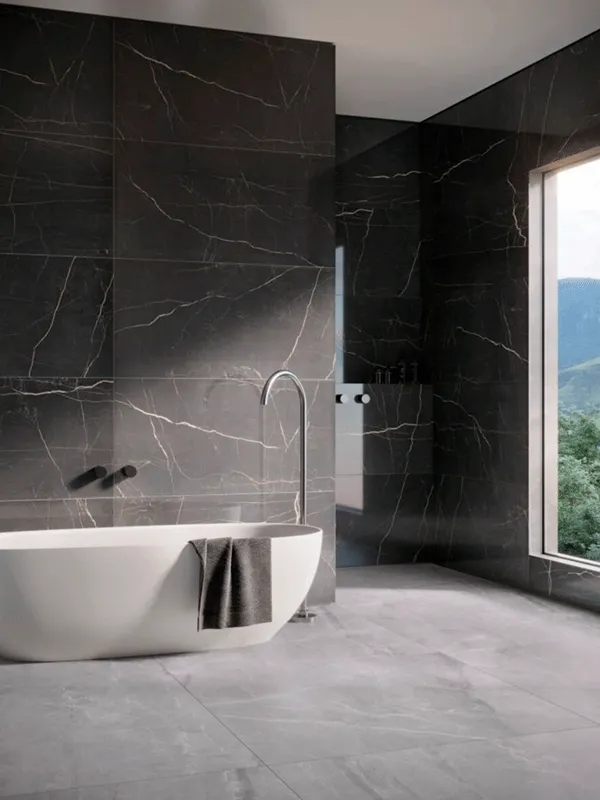 eleganica do banheiro com banheira com porcelanato preto