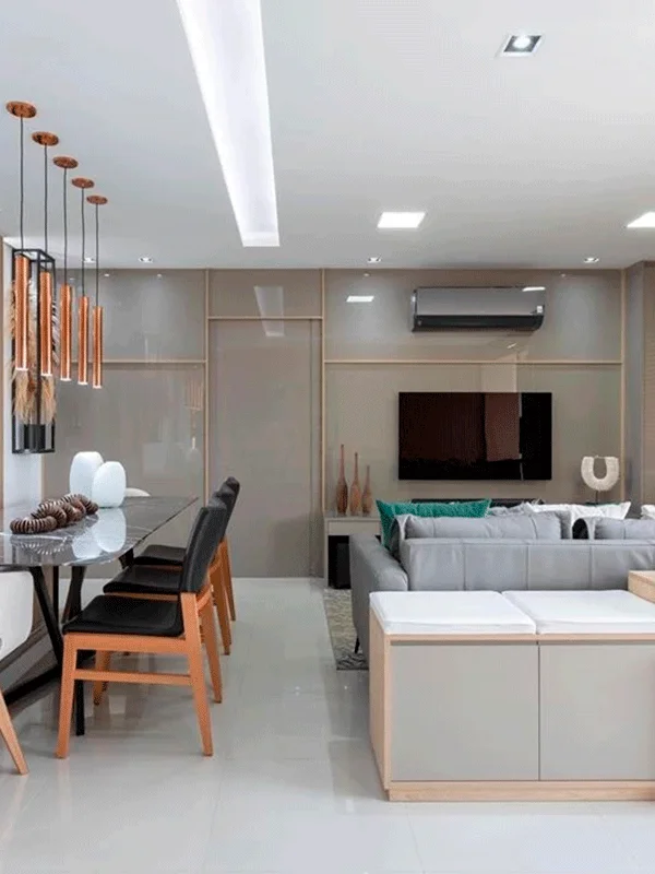 cozinha com toque acinzentado para apartamentos bem decorado e planejado