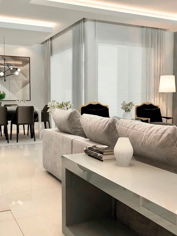 sala de estar com decoração clara e clean feito por arquitetos