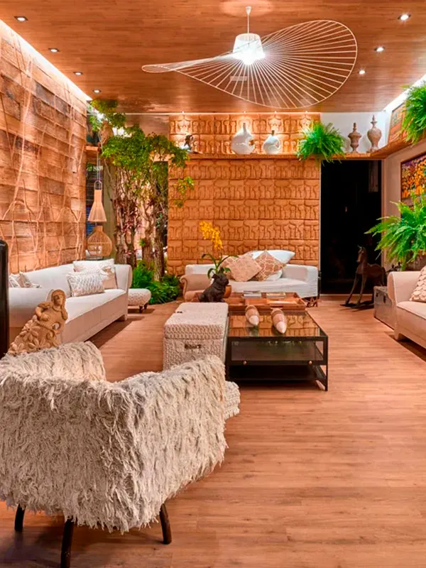 sala com porcelato amadeirado com toque rústico
