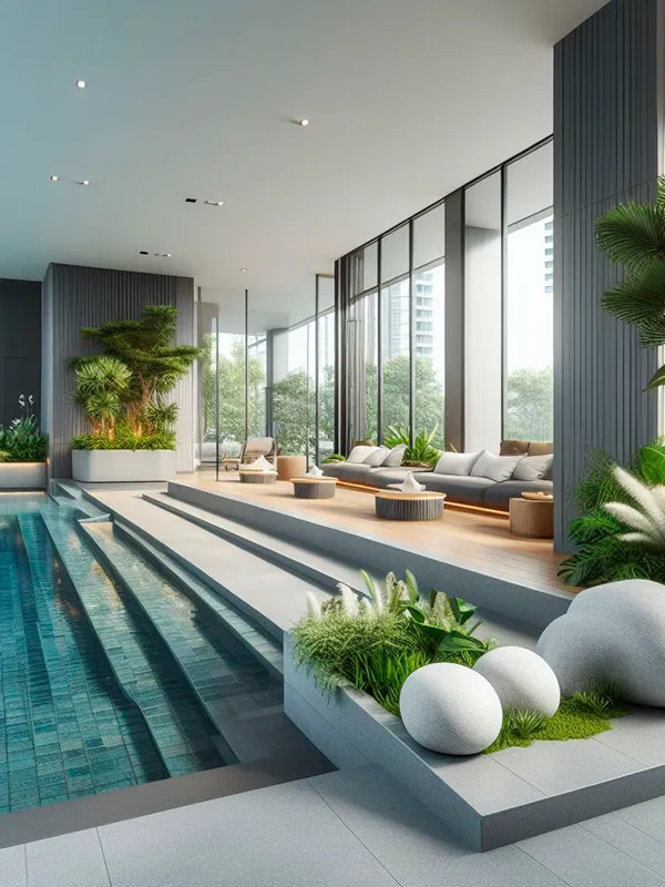 área da piscina com porcelanato cinza e pedra hijau