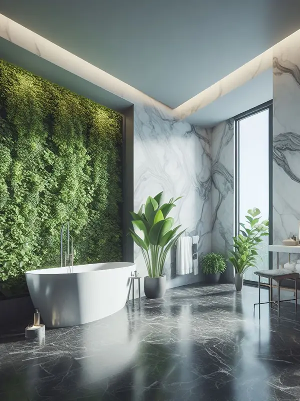 banheiro simples com jardim vertical e banheira de imersão