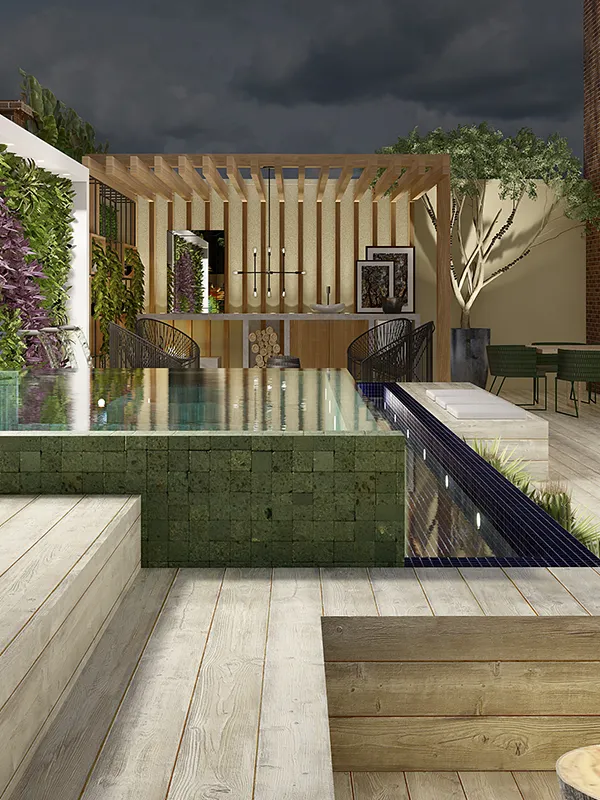 piscina elevada com prainha em uma área com pergolado