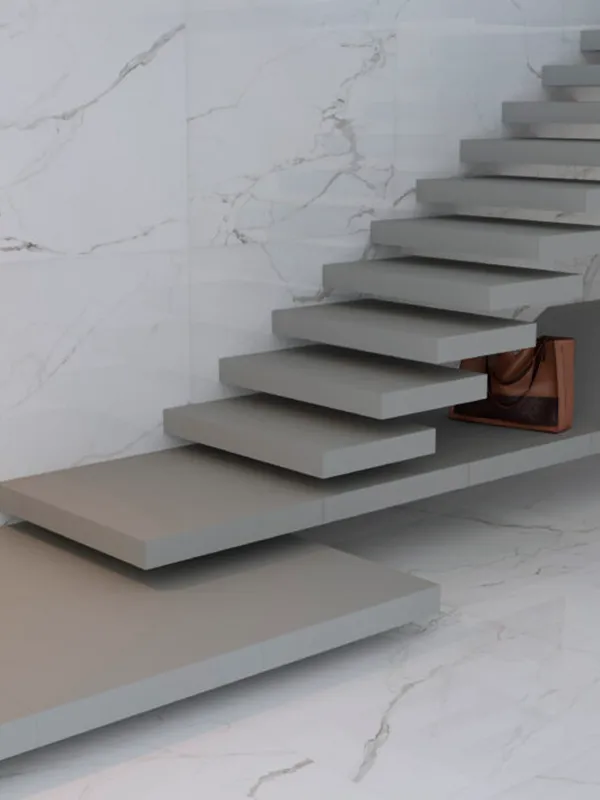 Porcelanato Cinza: Projetos com Elegância Contemporânea +60 Fotos para Inspirar 132 Escada com porcelanato cinza no piso e porcelanato marmorizado na parede