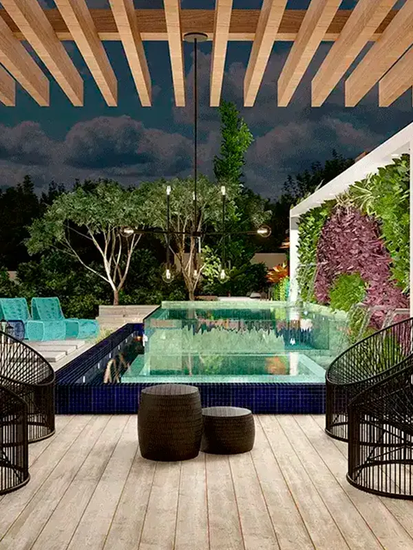 pergolado moderno na área de lazer com piscina