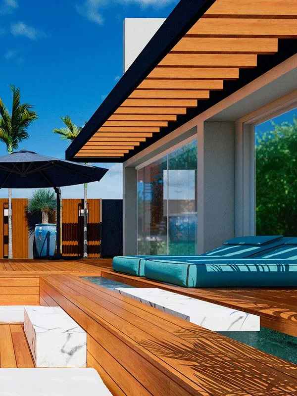 ambiente relaxante com pergolado de fachada com deck de madeira no piso