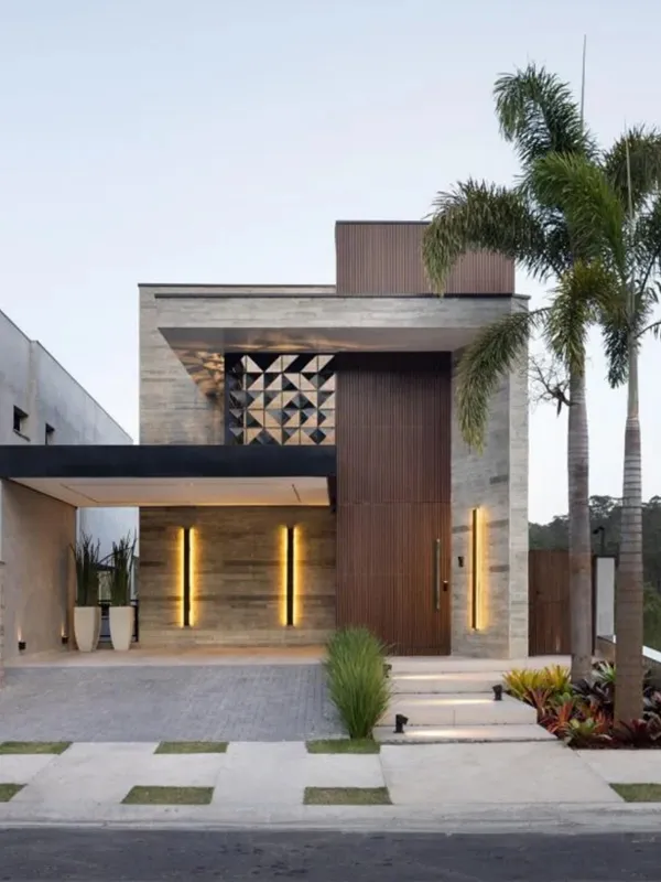 combinação de pédras e madeira para garagem