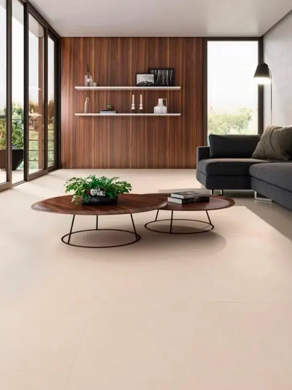 porcelanato bege aplicado na sala de estar