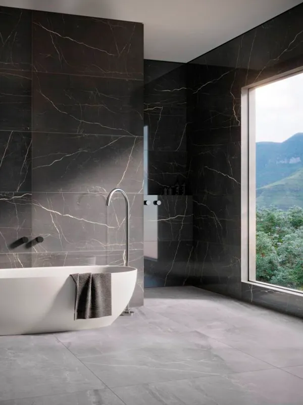 Porcelanato Cinza: Projetos com Elegância Contemporânea +60 Fotos para Inspirar 128 Porcelanato cinza marmorizado no banheiro com banheira