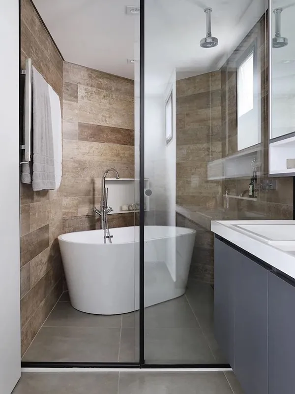 Porcelanato Cinza: Projetos com Elegância Contemporânea +60 Fotos para Inspirar 162 parede imitando madeira com piso cinza