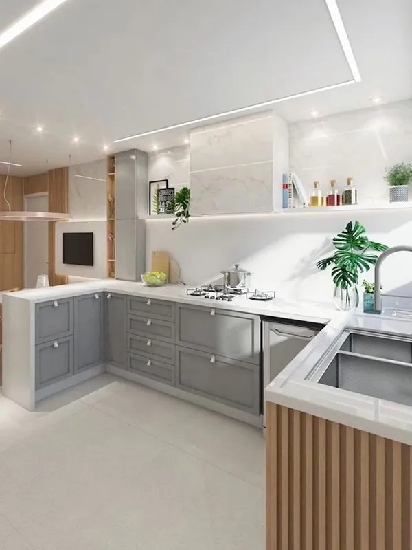 Porcelanato Cinza: Projetos com Elegância Contemporânea +60 Fotos para Inspirar 170 cozinha clean com porcelanato no piso e bancada