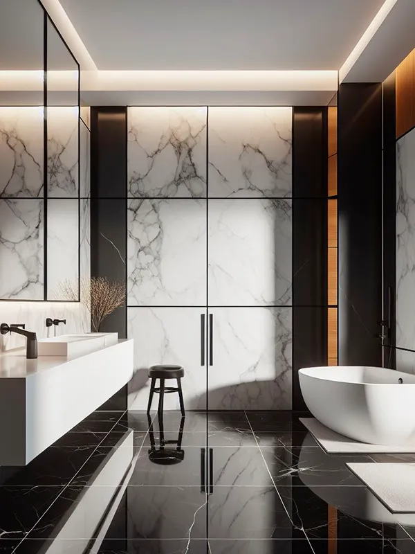 porcelanato preto calacata com decoração branca 