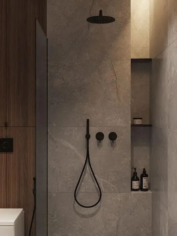 banheiro de luxo com revestimento cinza