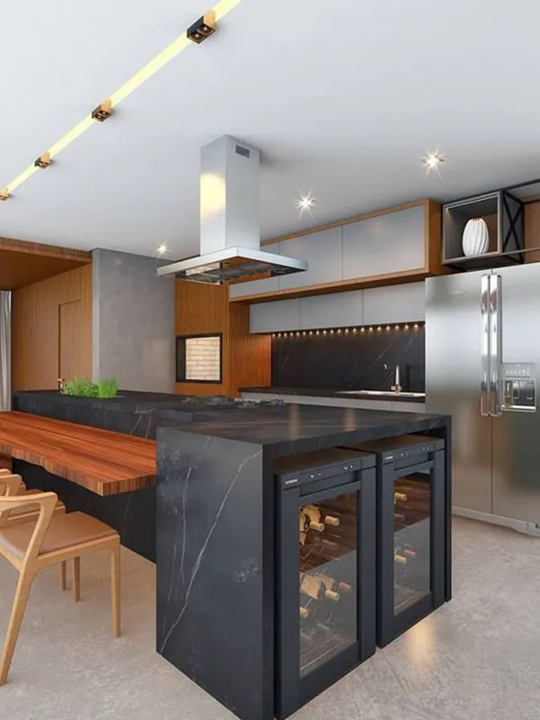 destacando uma bancada com porcelanato preto e mármorizado