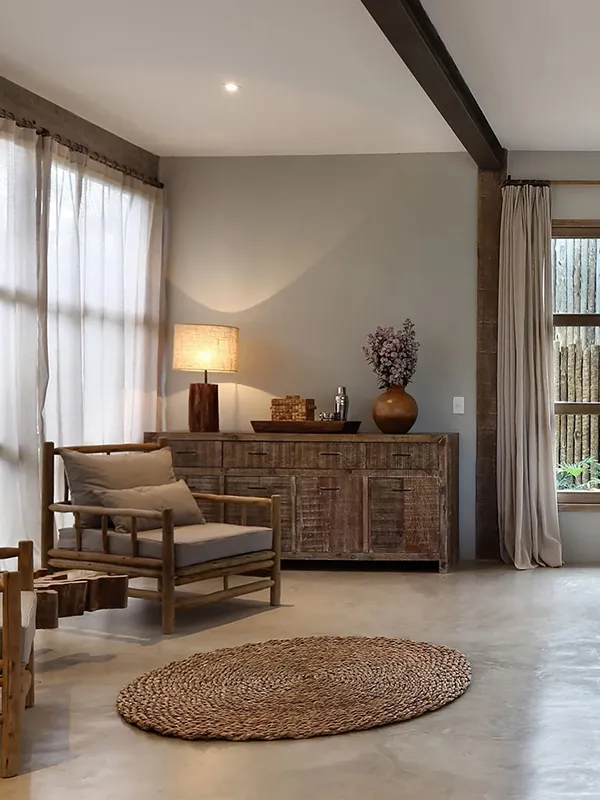 sala com cimento queimado e tapete de corda marrom