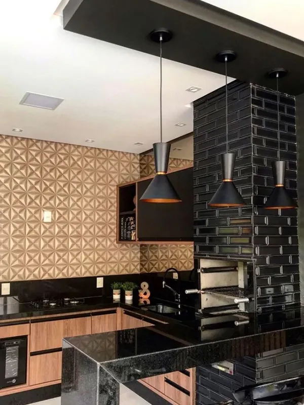 Descubra os 7 Modelos de Porcelanato para Área Gourmet: Elegância e Praticidade de Limpeza 106 porcelanato 3d aplicado na parede da área de churrasqueira