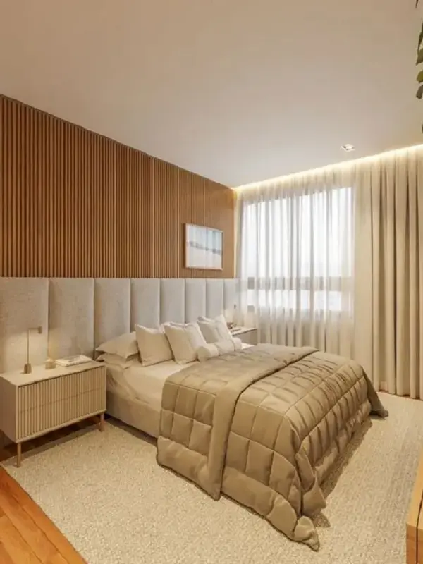 Porcelanato Ripado: O Segredo dos Espaços Elegantes! Preços, Dicas e Vantagens +23 Fotos 61 quarto com ripado