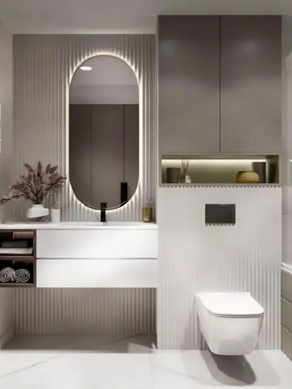 Porcelanato Ripado: O Segredo dos Espaços Elegantes! Preços, Dicas e Vantagens +23 Fotos 69 transformando espaços com porcelanato cinza