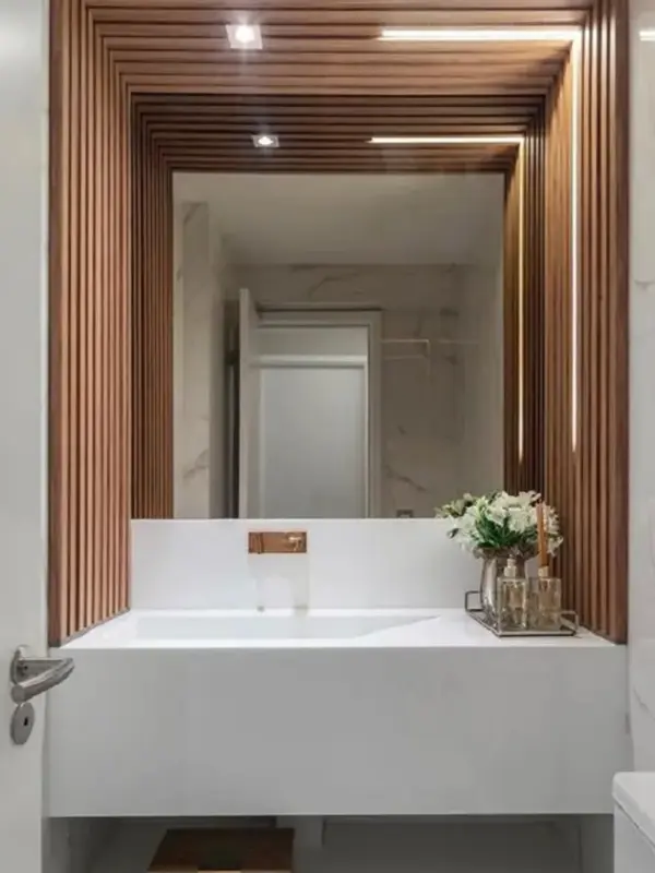 Porcelanato Ripado: O Segredo dos Espaços Elegantes! Preços, Dicas e Vantagens +23 Fotos 65 simplicidade no banheiro com ripados e porcelanato branco na pia