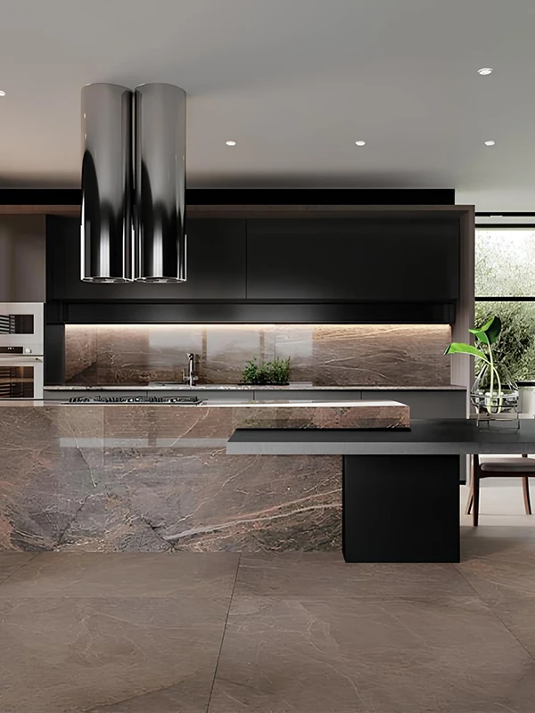 Mostrando como o porcelanato marrom combina com cores pretas