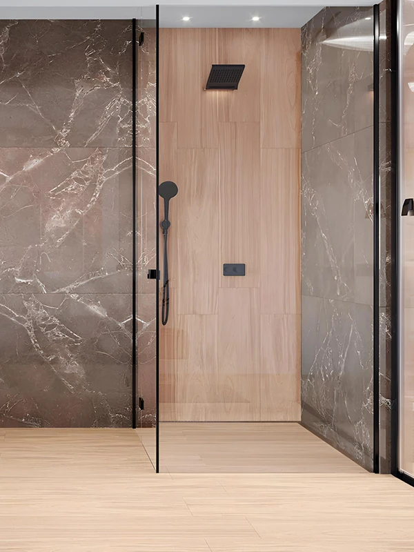 Mistura de tons no banheiro com porcelanato