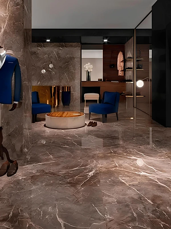 Porcelanato marrom na parede e piso do espaço de luxo