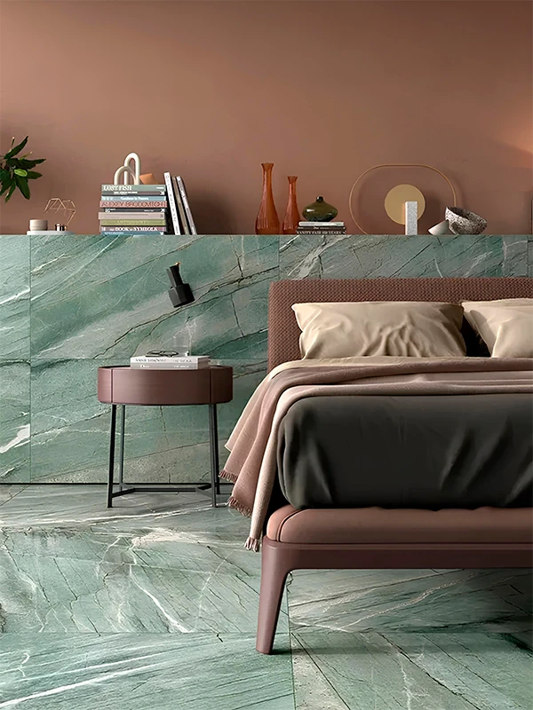 Porcelanato Verde: Revestimento que tem Vida, Natureza e Frescor! Dicas e Projetos +31 Fotos 83 Quarto com porcelanatov erde aplicado no piso e cabeceira