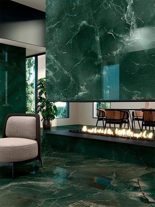 Porcelanato Verde: Revestimento que tem Vida, Natureza e Frescor! Dicas e Projetos +31 Fotos 81 sala de estar com procelanato na lareira de cor verde