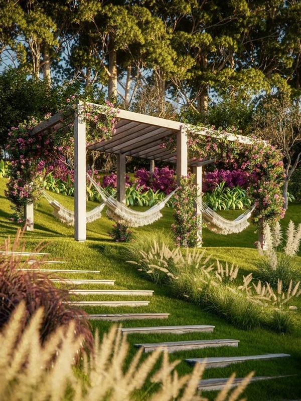 suporte de plantas no pergolado de madeira do jardim grande