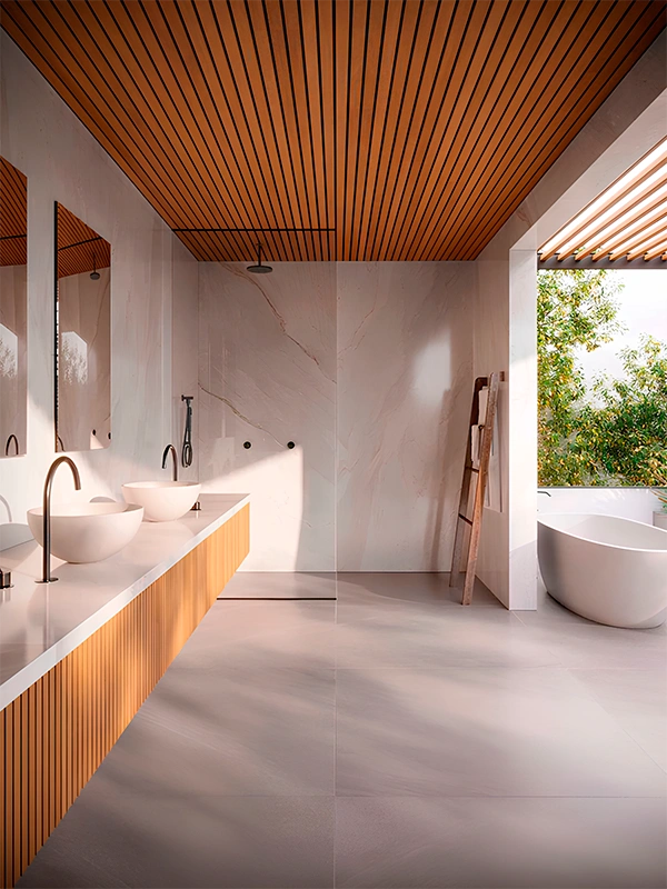 banheiro com porcelanato fosco e toque amadeirado no forro e bancada