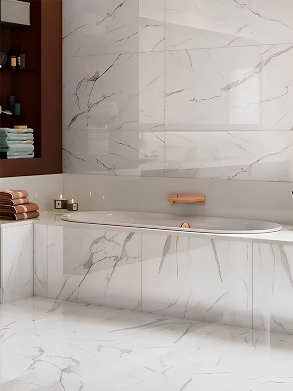 marmore retificado aplicado no piso e parede