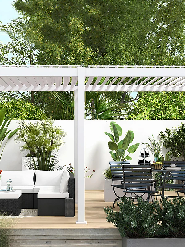 área externa com pergolado e móveis especializados para esse ambiente 
