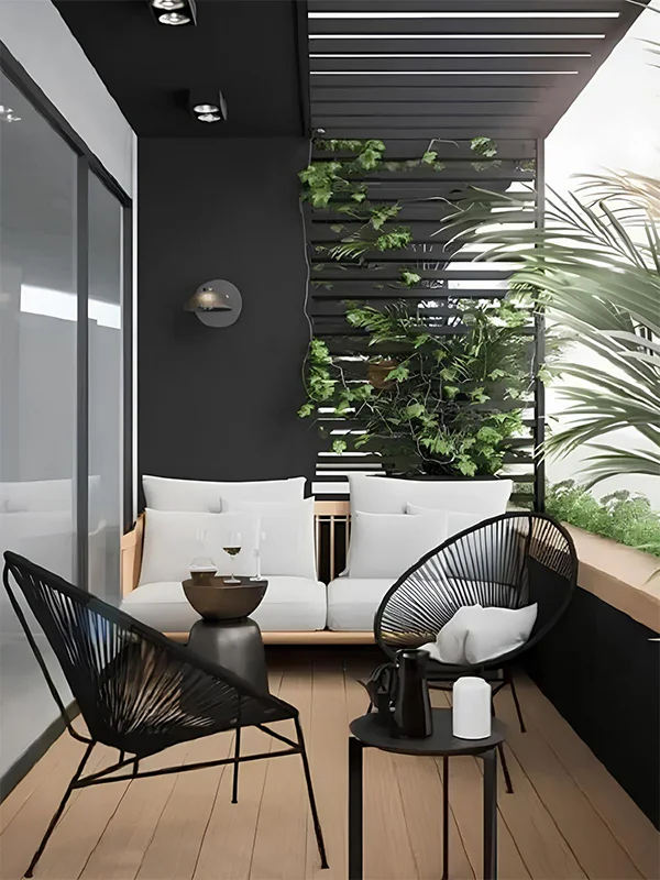 revestimento externo para varanda pequena com plantas na treliça de aluminio